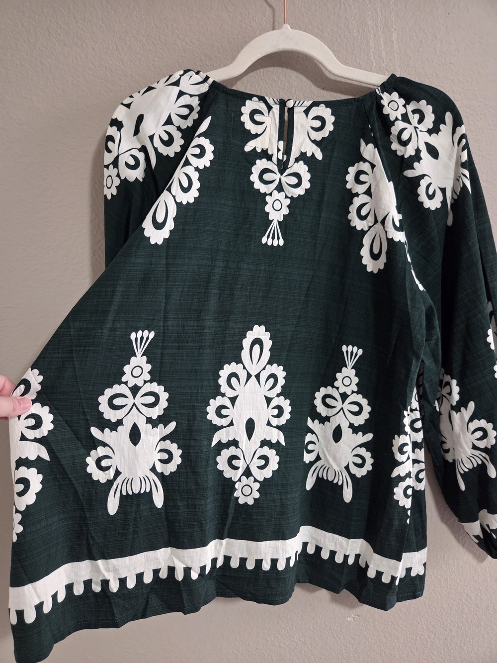NWT Umgee Boho Border Print Peasant Blouse Hunter Green White Large K1054 - Picture 5 of 8